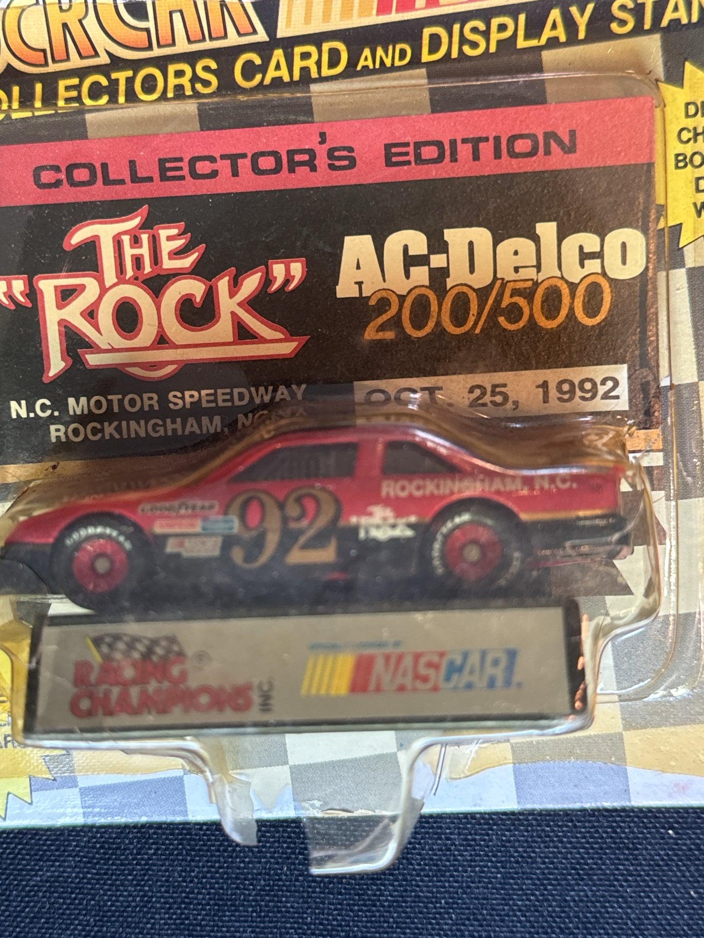 NASCAR 1992 Racing Champions Stockcar #92 "The Rock" with Stand and Collector's Card