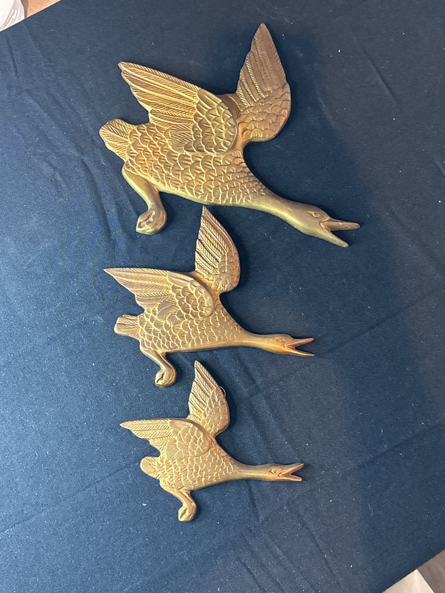 MCM Set of 3 Vintage Brass Flying Ducks Geese Goose Wall Hanging Plaques