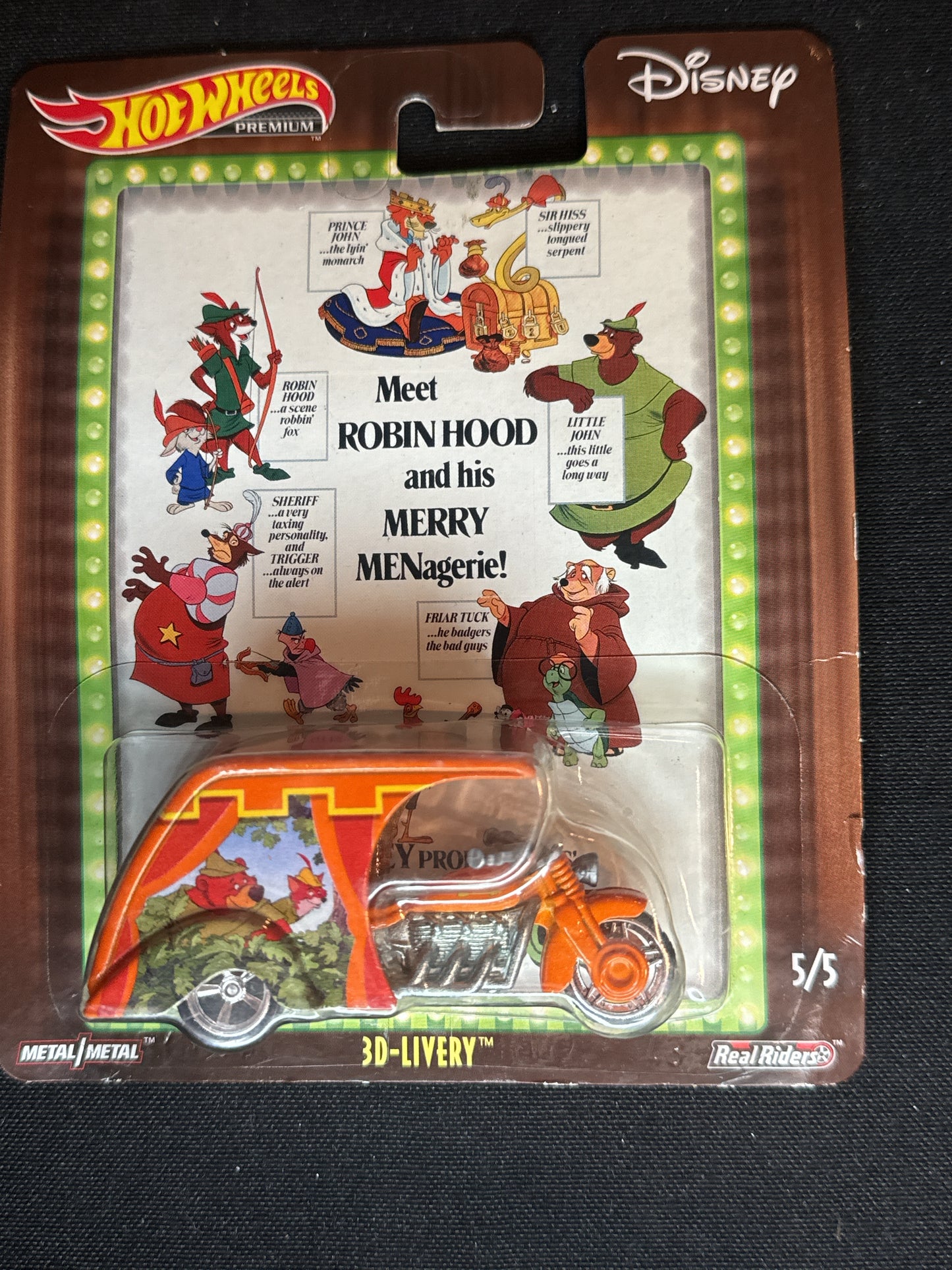 Hot Wheels 2019 Walt Disney Robin Hood #5 3D-Livery Motorcycle Orange NIB