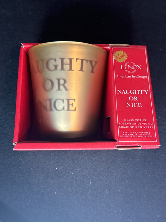 Lenox Glass Votive Golden Holiday Edition Naughty or Nice with Votive Candle NIB