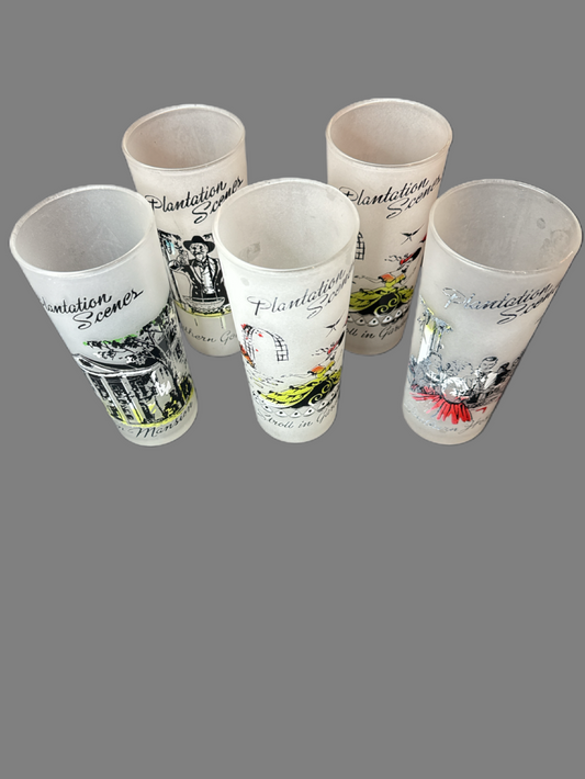 Set of 5 Vintage Southern Plantation Scenes Frosted Tea Glasses