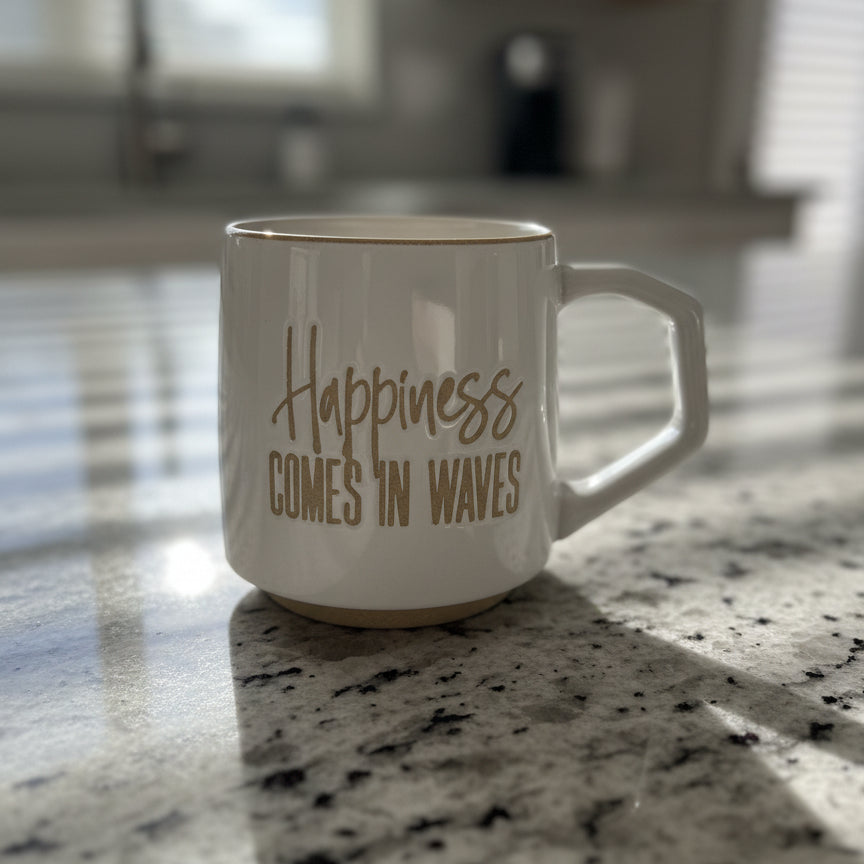Happiness Comes In Waves Coffee Mug Cup New With Tags 4" Tall