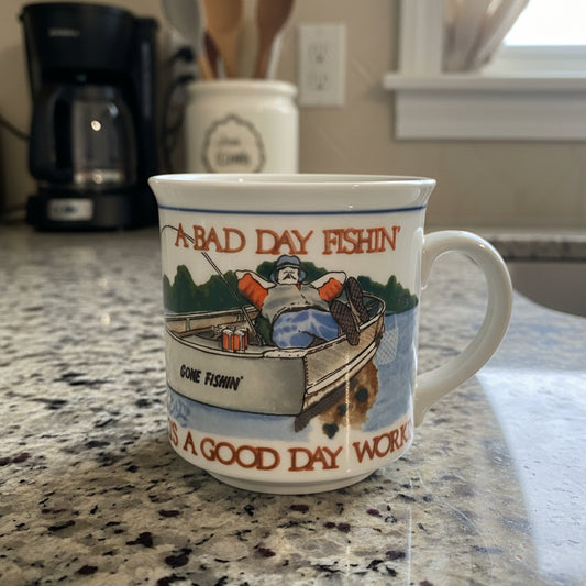 Vintage Otagiri Coffee Mug Cup Japan "A Bad Day Fishin' Beats A Good Day Workin'" 3 5/8" Tall