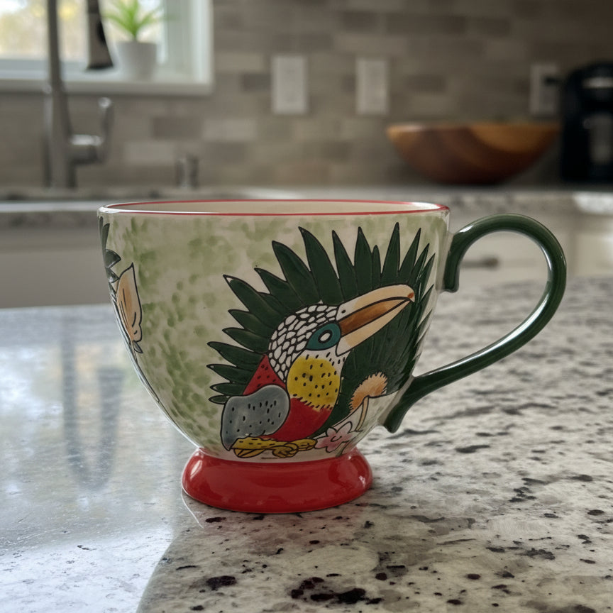 World Market Embossed Toucan Bird Footed Coffee Cup Mug 3.75" Tall Beautiful Colors