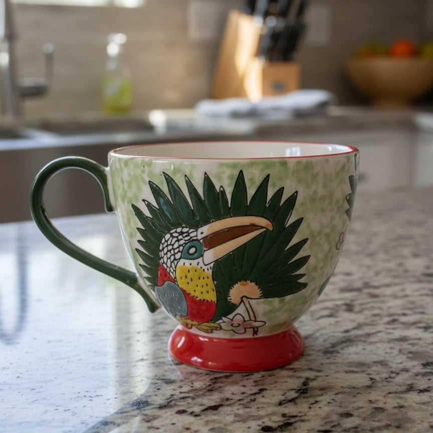 World Market Embossed Toucan Bird Footed Coffee Cup Mug 3.75" Tall Beautiful Colors