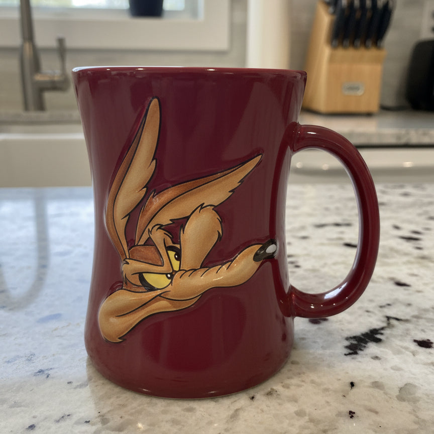 1999 Warner Bros. Looney Toons 3D Wile E. Coyote Coffee Mug Cup 4.5" Tall Brown w/ Yellow Interior