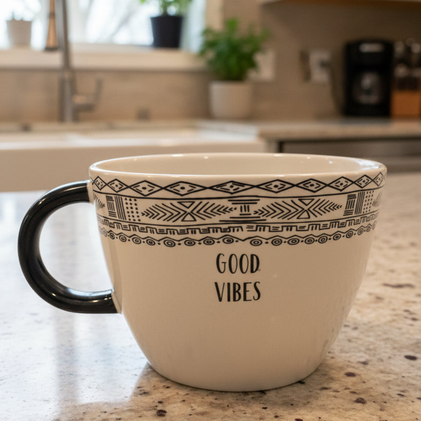 Good Vibes Large Ceramic Coffee Mug Cup 3.25" Tall 4 5/8" Wide at Rim