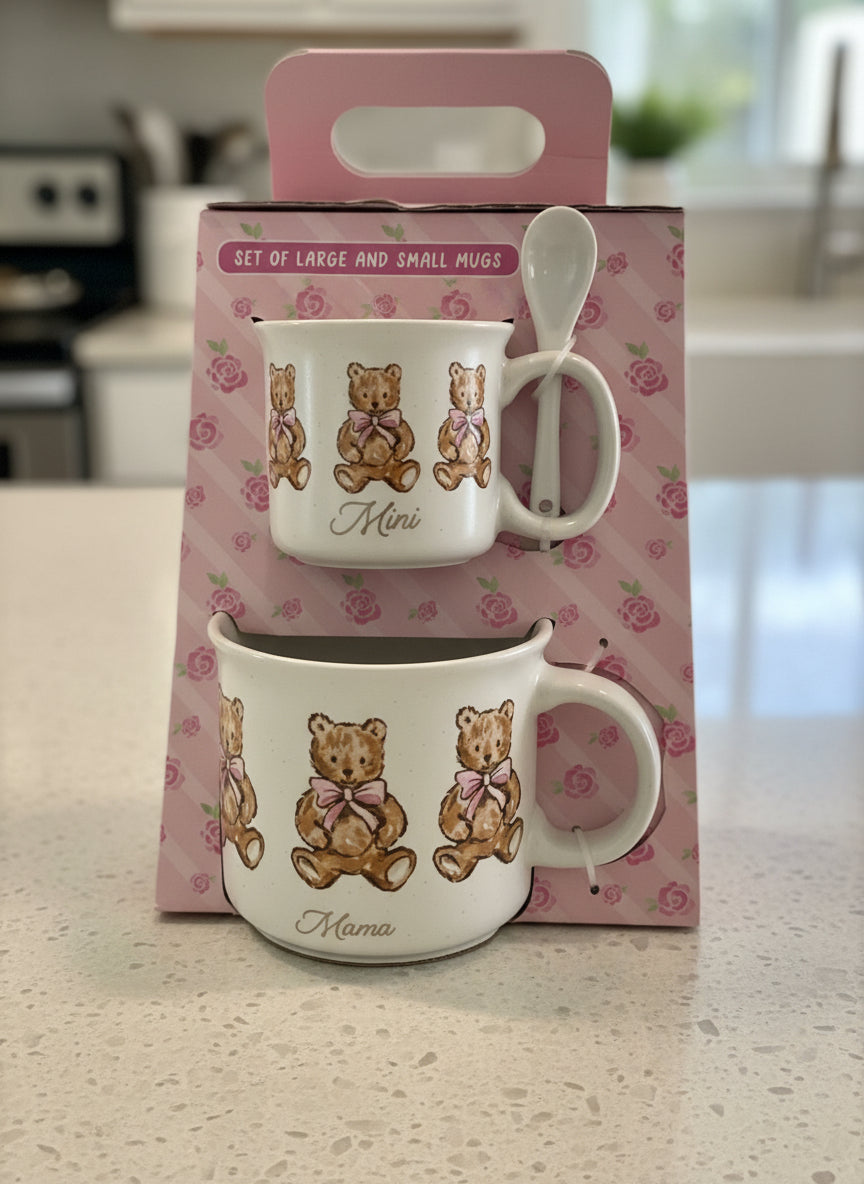 Jubilee Mama & Mini Teddy Bear Coffee Mug Cup Set New In Box With Spoon 3.75" Tall