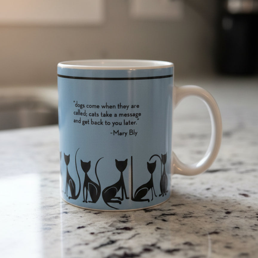 Boston Warehouse Mary Bly Cats Take A Message... Coffee Cup Mug Blue 3 7/8" Tall