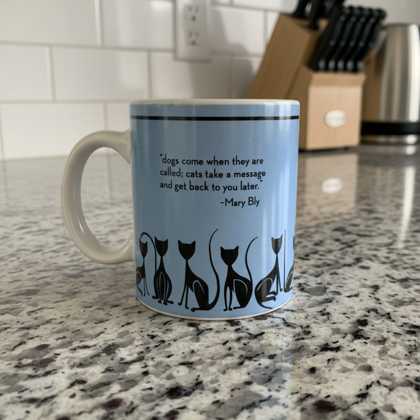 Boston Warehouse Mary Bly Cats Take A Message... Coffee Cup Mug Blue 3 7/8" Tall