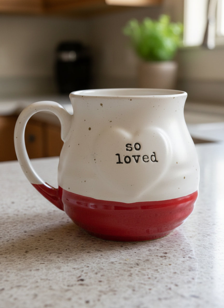 So Loved Red & Ivory Coffee Cup Mug Belle Maison 4" Tall Handwarmer Mug