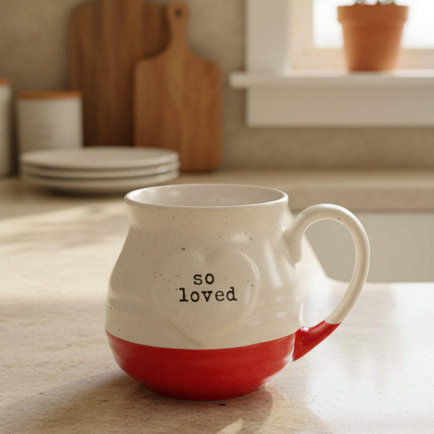 So Loved Red & Ivory Coffee Cup Mug Belle Maison 4" Tall Handwarmer Mug
