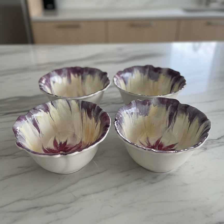 Cynthia Rowley Purple Flower Design Scalloped Edges Melamine Condiment Dip Bowls (4) 2.5" Tall