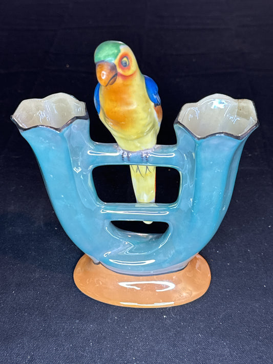 Antique Art Deco Double Bud Vase with Parrot Made in Japan Lusterware, circa 1920s