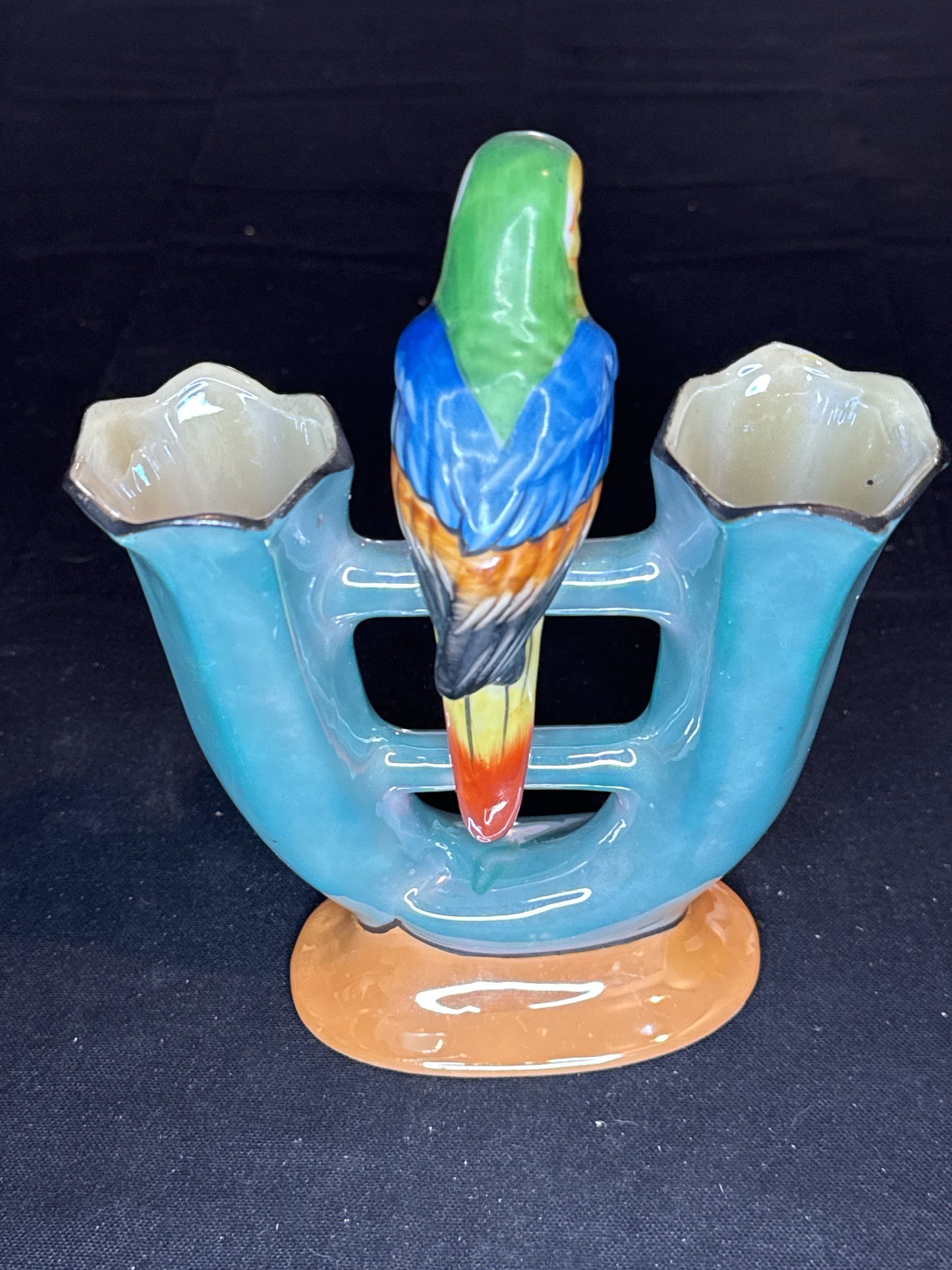 Antique Art Deco Double Bud Vase with Parrot Made in Japan Lusterware, circa 1920s