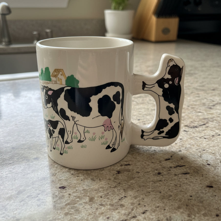 Vintage Holstein Cow Calf Farm Coffee Cup Mug w/ Cow Shaped Handle 4" Tall