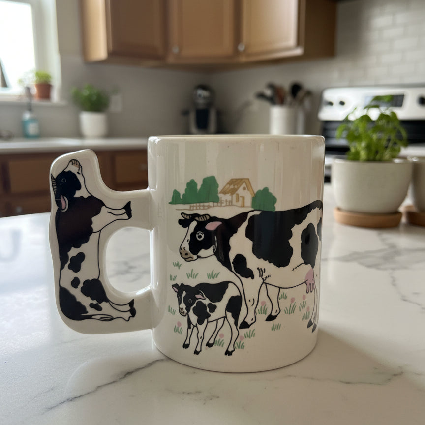 Vintage Holstein Cow Calf Farm Coffee Cup Mug w/ Cow Shaped Handle 4" Tall