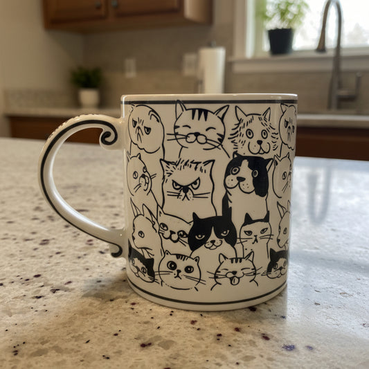 Spectrum Designz Embossed Cat Faces 21oz Cream Ceramic Coffee Cup Mug Pink Interior New