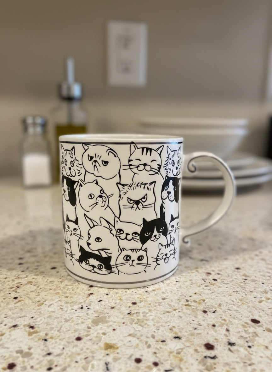Spectrum Designz Embossed Cat Faces 21oz Cream Ceramic Coffee Cup Mug Pink Interior New