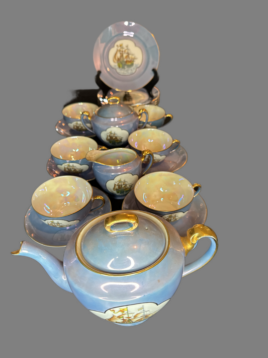 Noritake Lusterware Tea Set Tea pot 5 Saucers 6 Cups Creamer Sugar Bowl 5 Bread Dishes