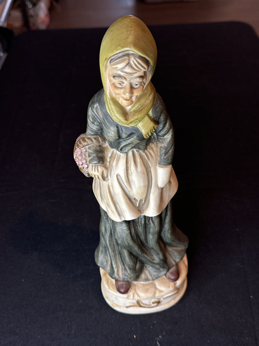 12.5" Vintage Ceramic Figurine Lady Carrying Her Basket and Apron Green Scarf