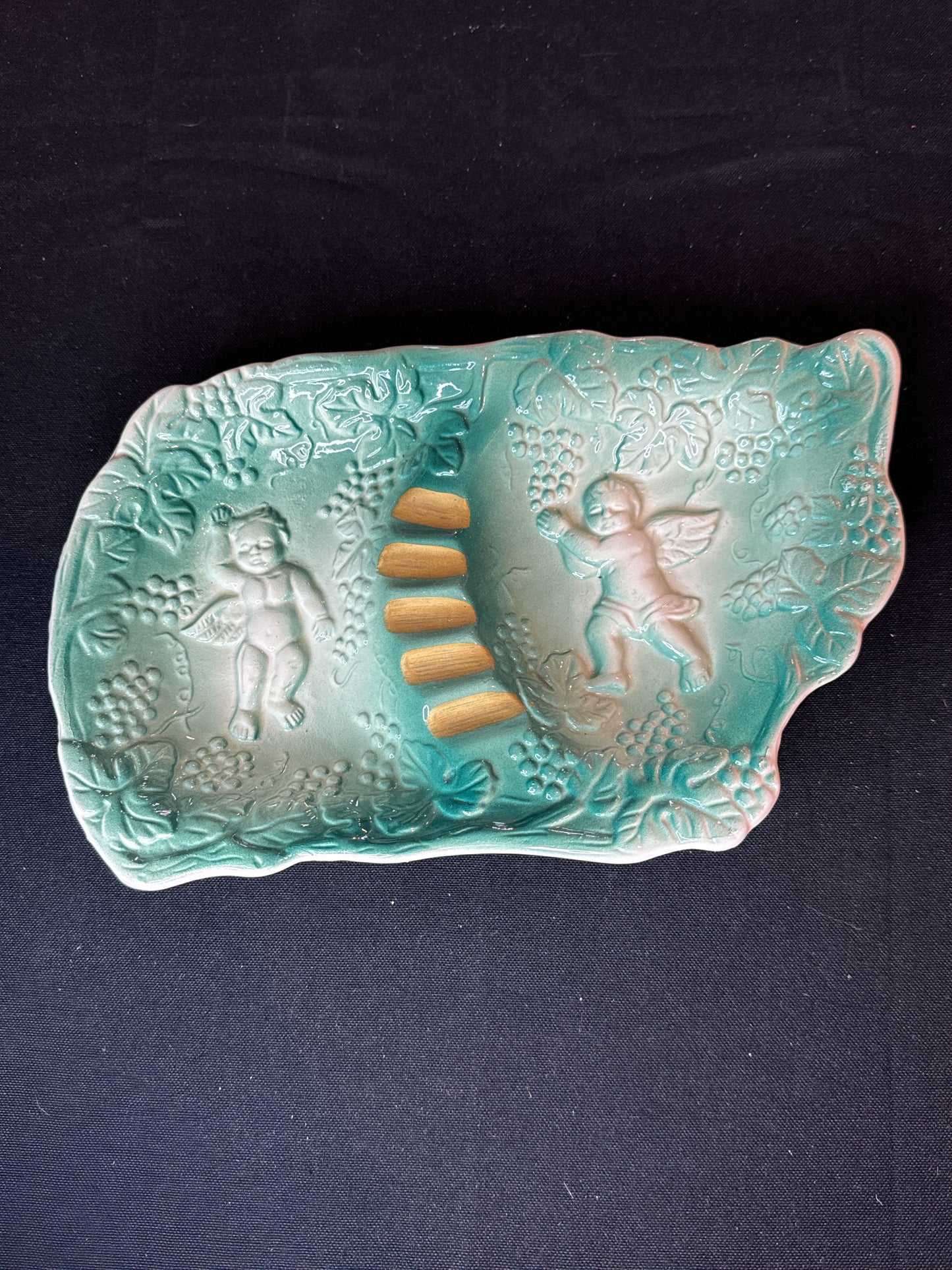 Vintage Green Ashtray Cherub Angel Ceramic Porcelain Pottery Ashtray Made in Japan