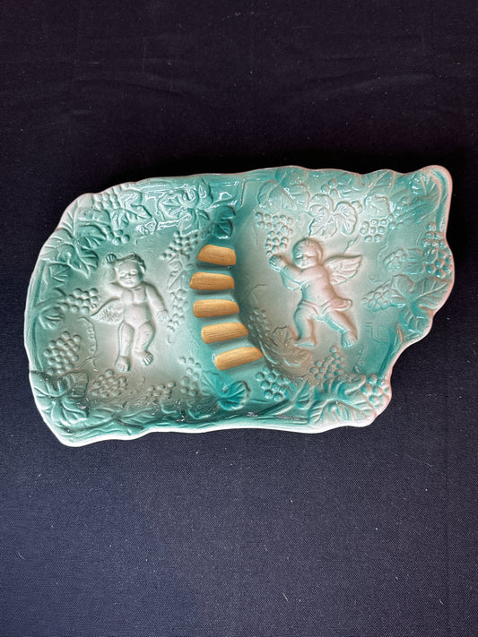 Vintage Green Ashtray Cherub Angel Ceramic Porcelain Pottery Ashtray Made in Japan