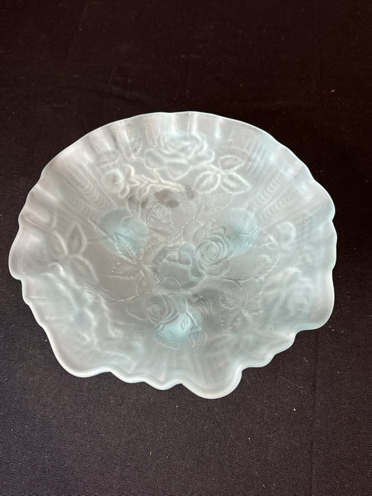 Vintage Imperial Glass Blue Satin Finish Footed 8" Bowl Embossed Rose Design