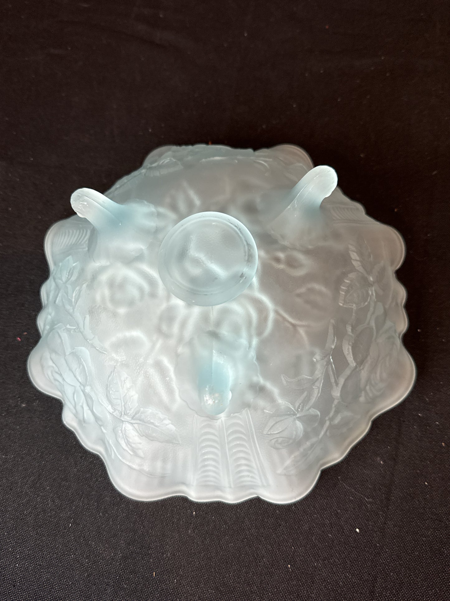 Vintage Imperial Glass Blue Satin Finish Footed 8" Bowl Embossed Rose Design