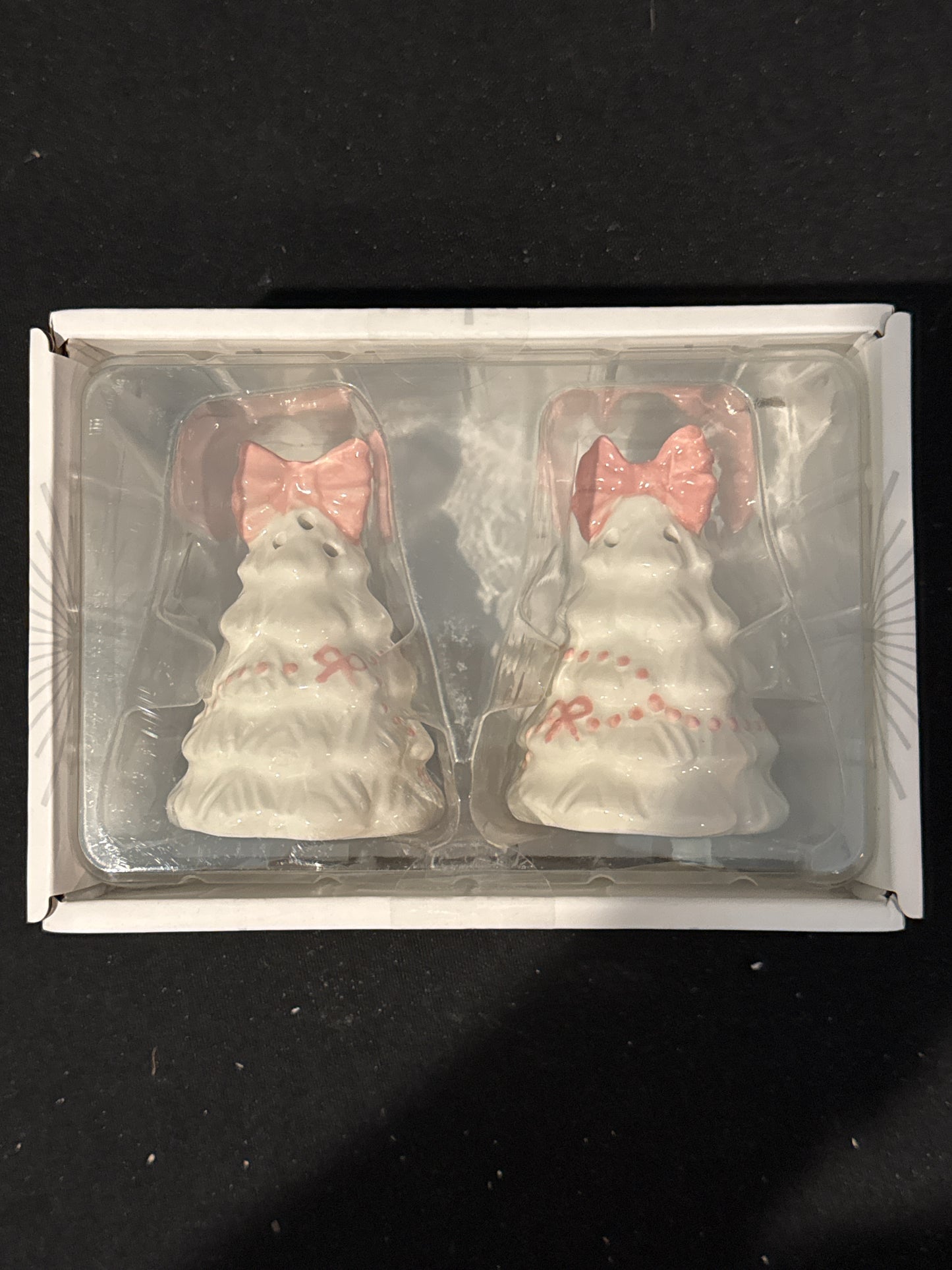 Festive Living White Christmas Trees Pink Bows Salt & Pepper Shakers New in Box