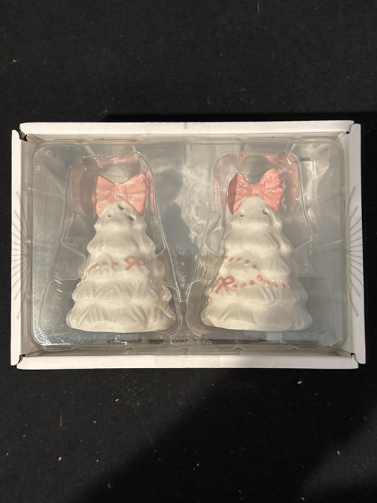 Festive Living White Christmas Trees Pink Bows Salt & Pepper Shakers New in Box