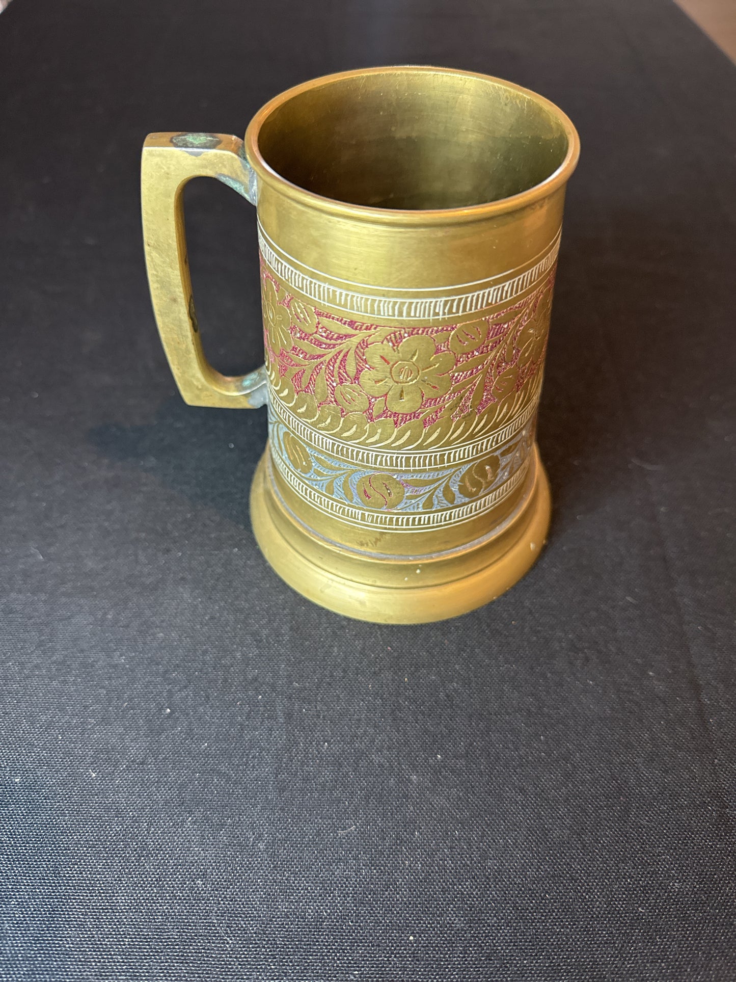 Vintage Etched Brass Mug Glass Bottom Flowers Red And Blue 5" Tall