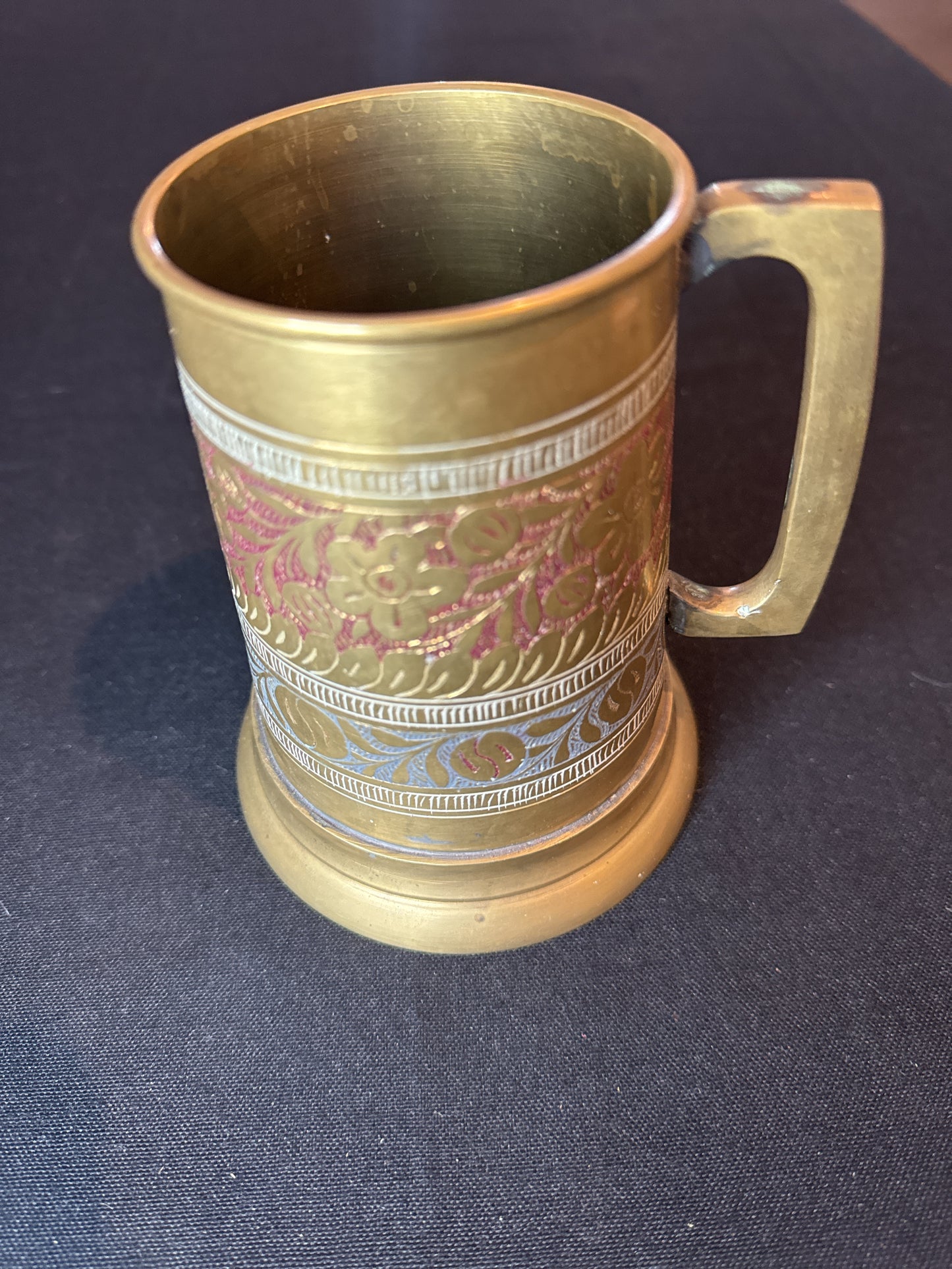 Vintage Etched Brass Mug Glass Bottom Flowers Red And Blue 5" Tall