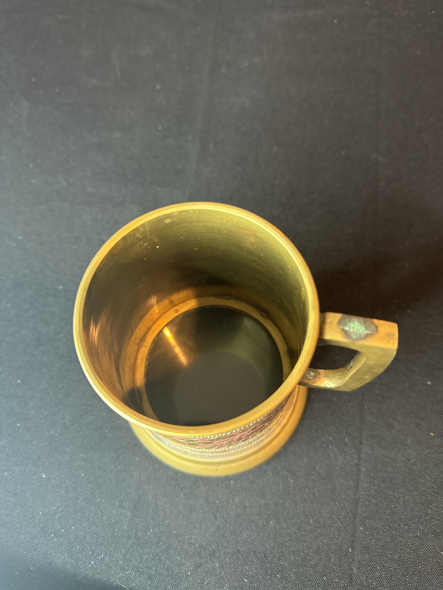 Vintage Etched Brass Mug Glass Bottom Flowers Red And Blue 5" Tall