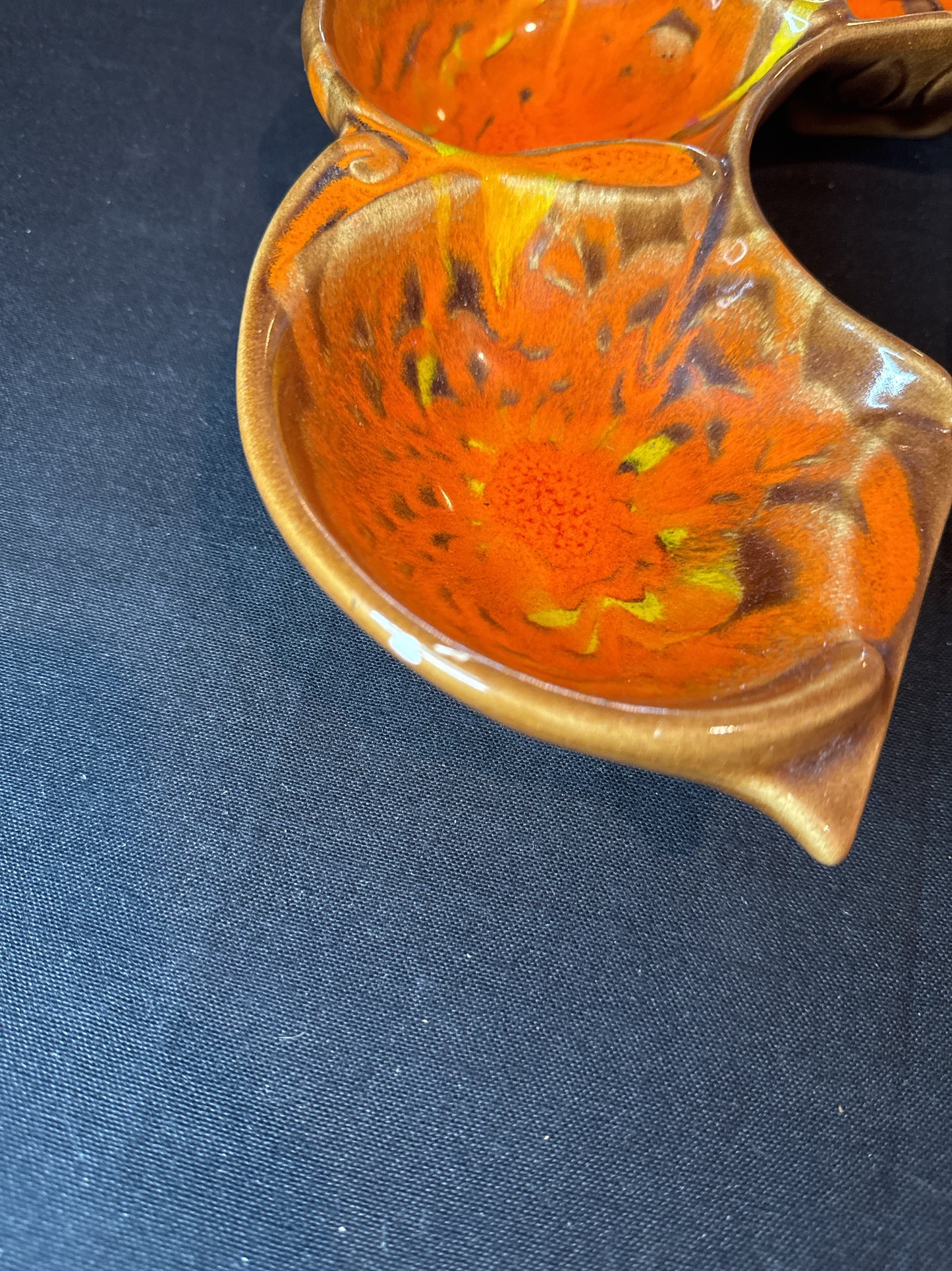 Mid Century Vintage Cal Original 1193 Pottery Triple Relish Dish Brown/Orange