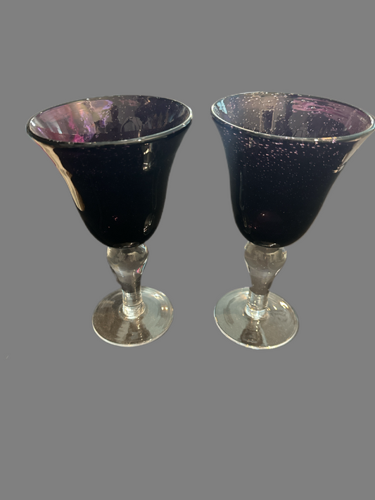 Pair of 1990s Purple Water Goblets Artland Iris Plum Bubble Glass 17oz Hand Blown