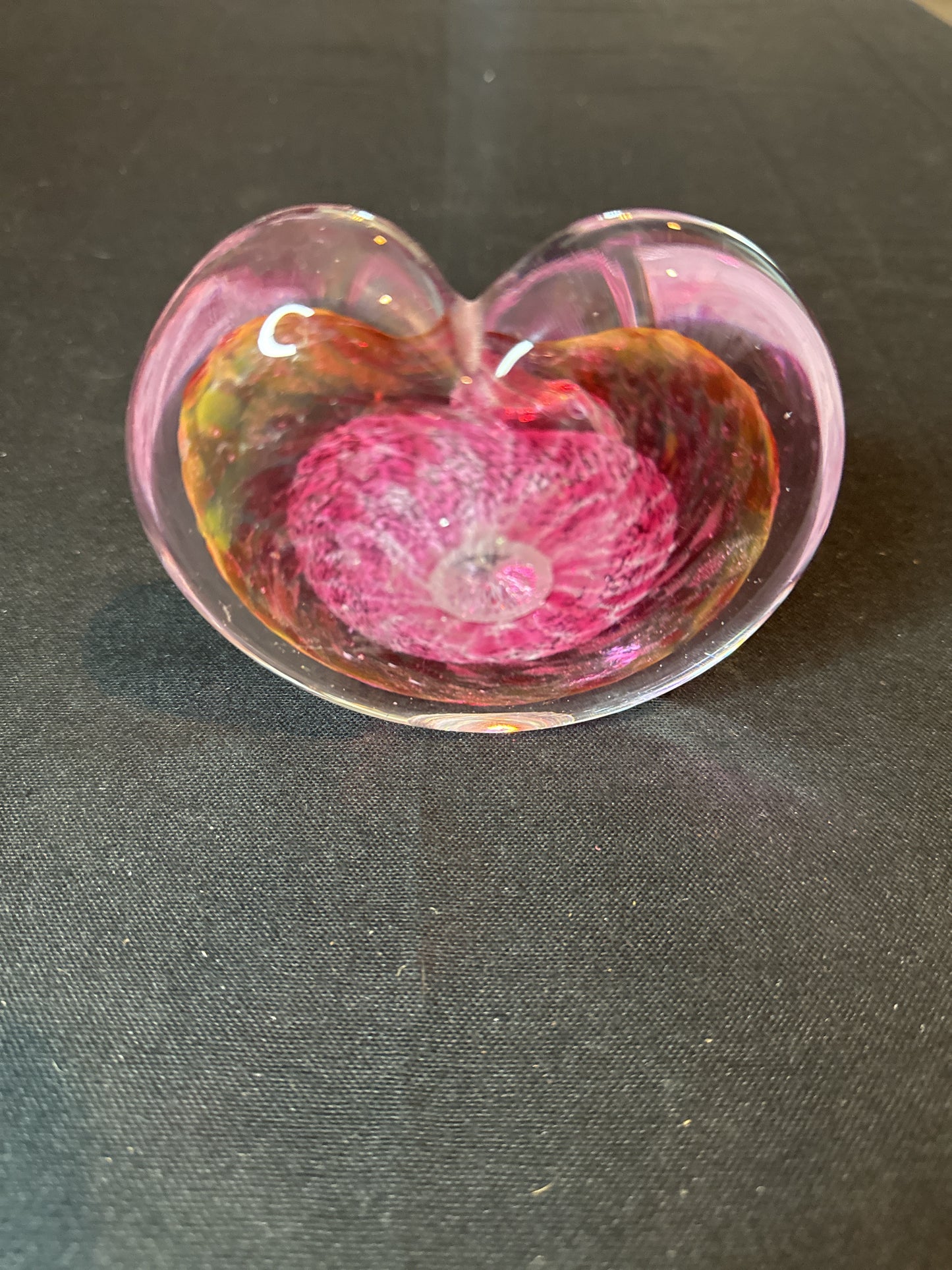 Art Glass Heart Bud Vase Paperweight with Pink Sommerso Swirls