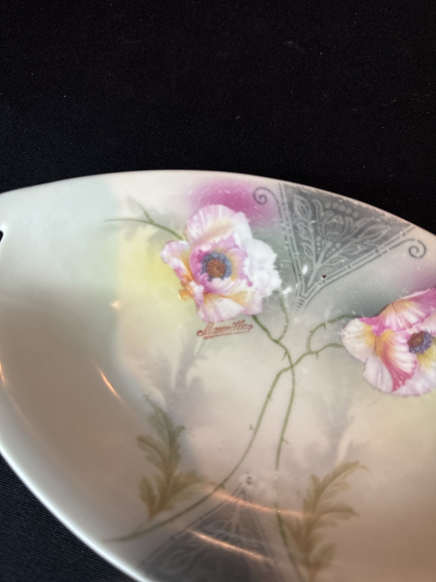 Vintage PSAG Bavaria Porcelain Relish Dish White Roses Signed Hand Painted 8.25" Long