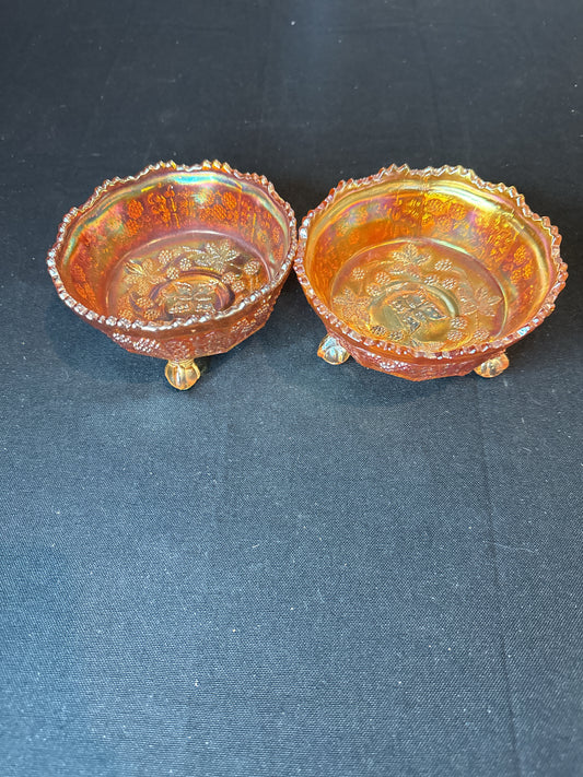 Pair Vintage Fenton Marigold Carnival Glass Claw Footed Butterflies & Berries Bowls 4.75"