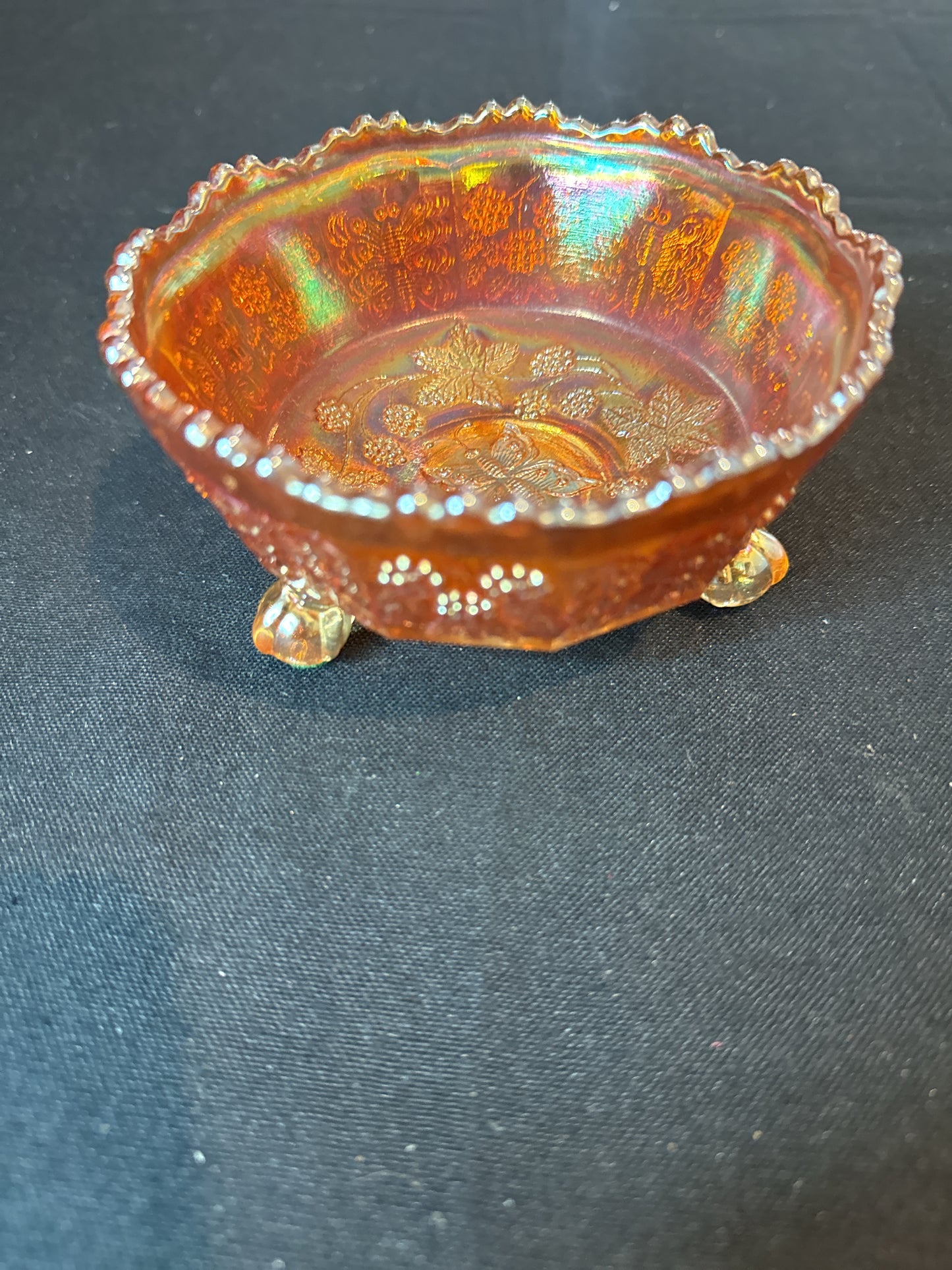 Pair Vintage Fenton Marigold Carnival Glass Claw Footed Butterflies & Berries Bowls 4.75"