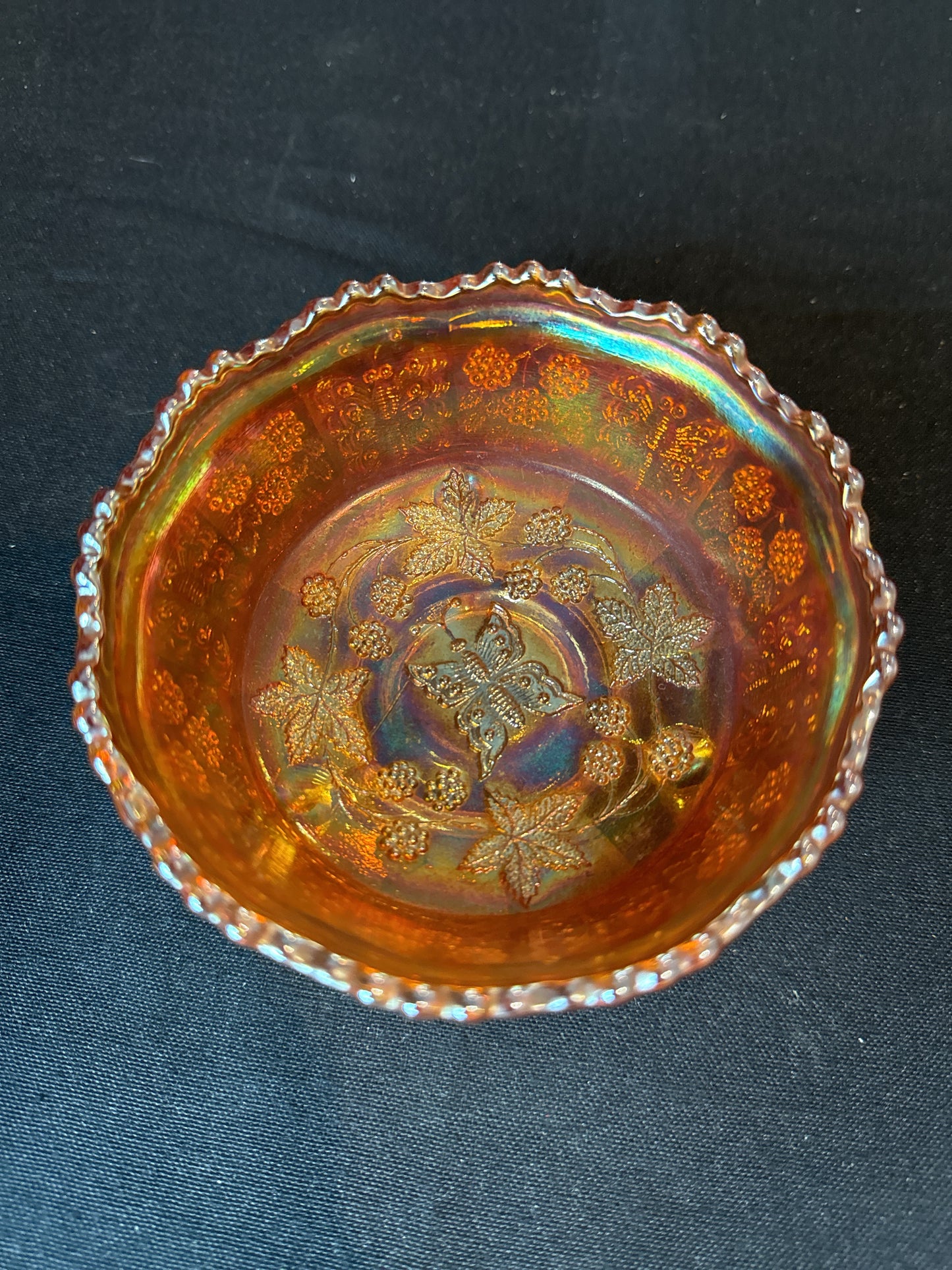 Pair Vintage Fenton Marigold Carnival Glass Claw Footed Butterflies & Berries Bowls 4.75"