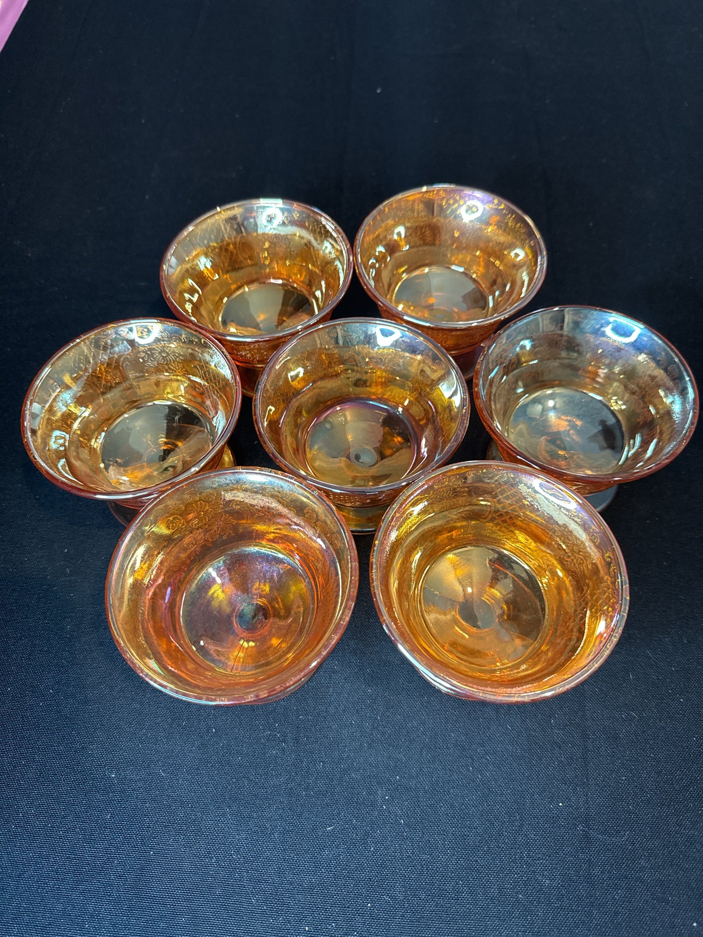 Set of 7 Federal Glass Normandie Sherbet Dishes 3 5/8" wide 2.75" Tall Iridescent Orange