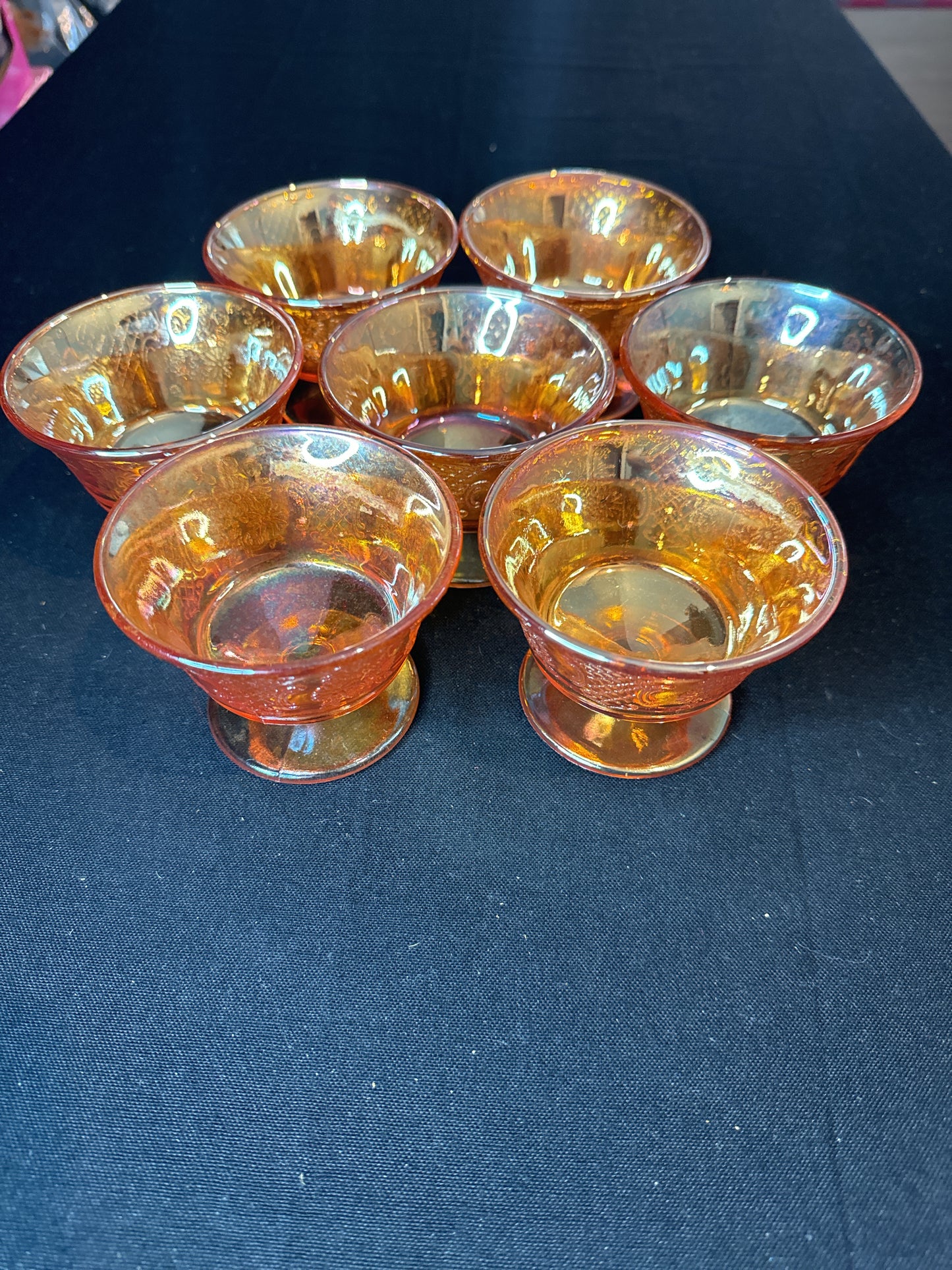 Set of 7 Federal Glass Normandie Sherbet Dishes 3 5/8" wide 2.75" Tall Iridescent Orange