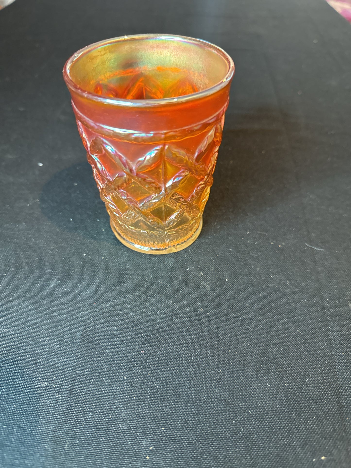 Single Dugan Marigold Carnival Glass Grapevine Latice 8oz Tumbler Iridescent Orange 4" Tall