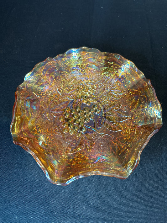 Imperial Carnival Glass Grape Marigold Ruffled Edge Bowl 8" Wide