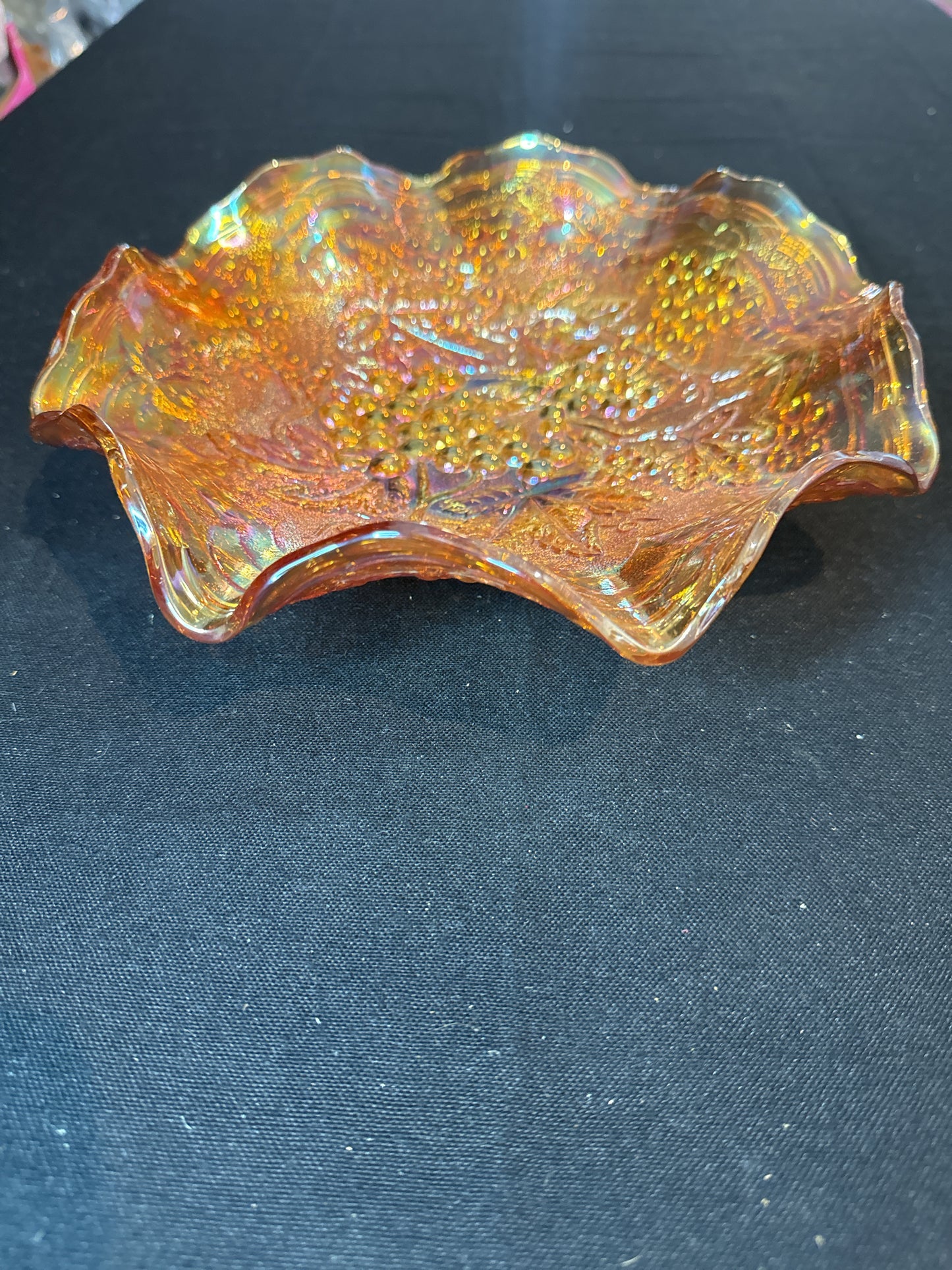 Imperial Carnival Glass Grape Marigold Ruffled Edge Bowl 8" Wide