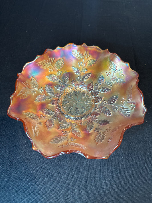 Vintage Holly & Berry Marigold Orange Carnival Glass Ruffled Bowl. 8"