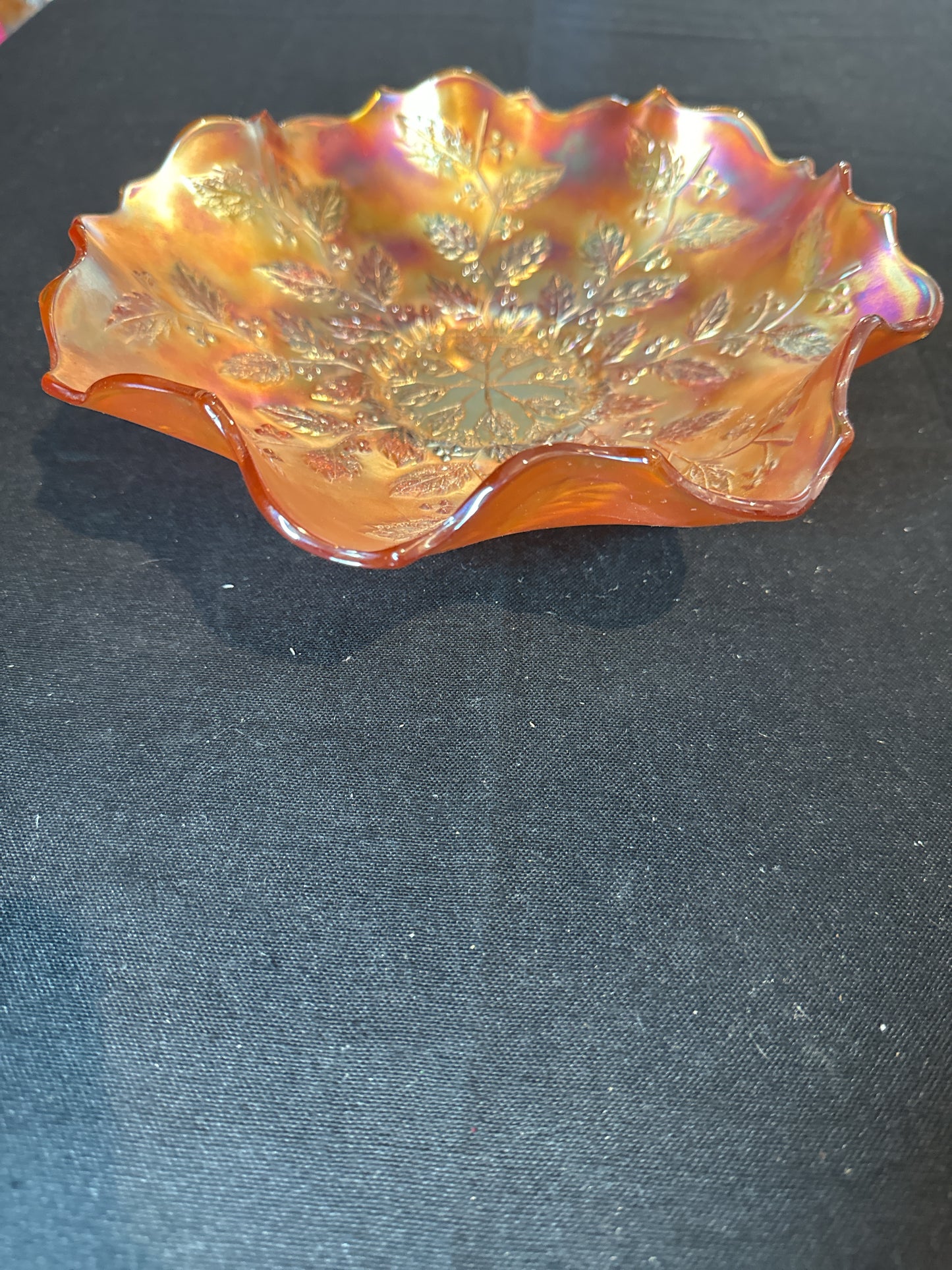 Vintage Holly & Berry Marigold Orange Carnival Glass Ruffled Bowl. 8"