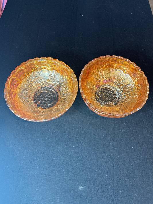 Pair Vintage Marigold Carnival Glass Bowls 7" Imperial Glass Co. Grape Pattern