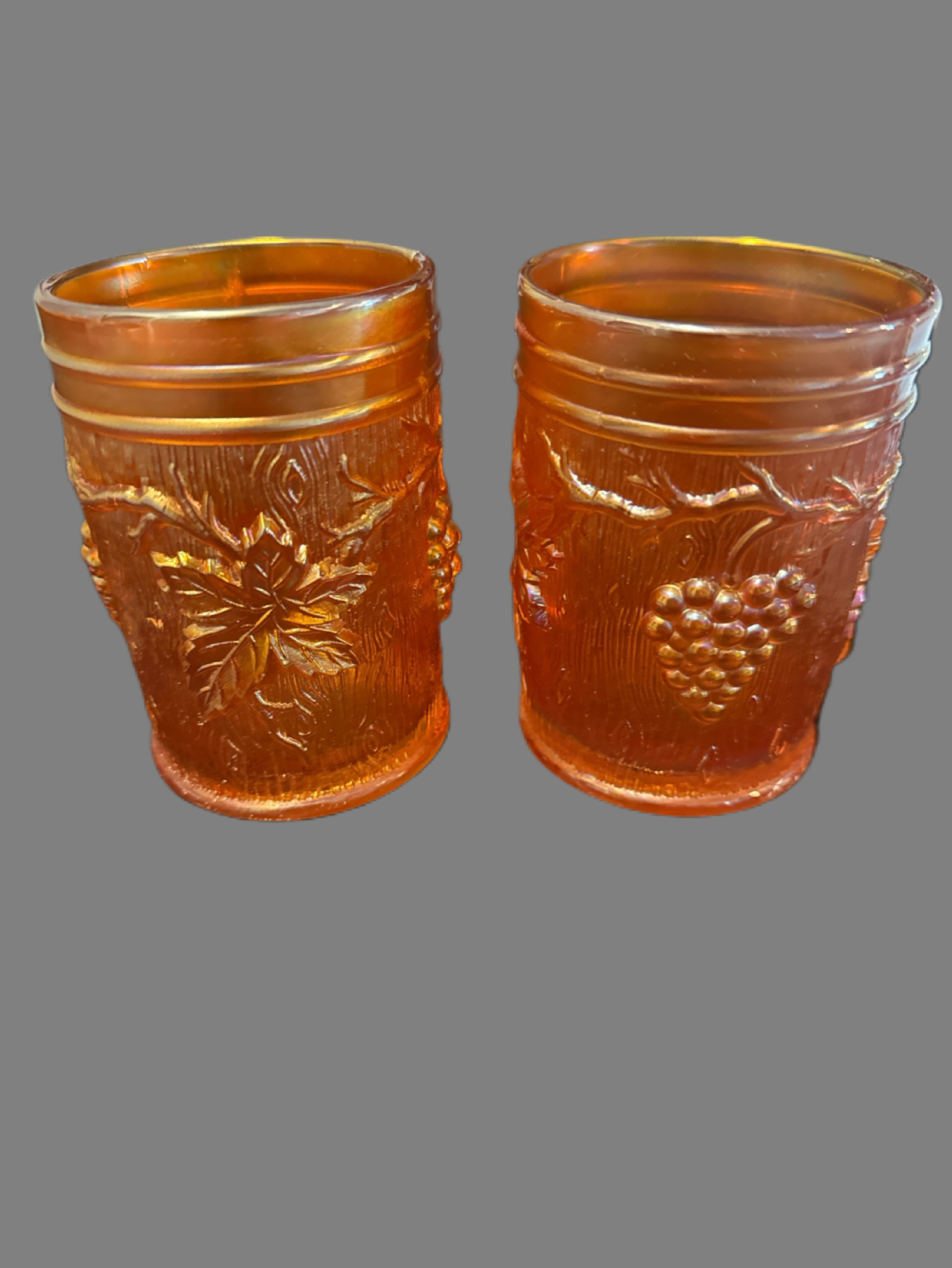 Pair of Antique Dugan Marigold Carnival Glass "Vineyard" Tumblers 4" Tall